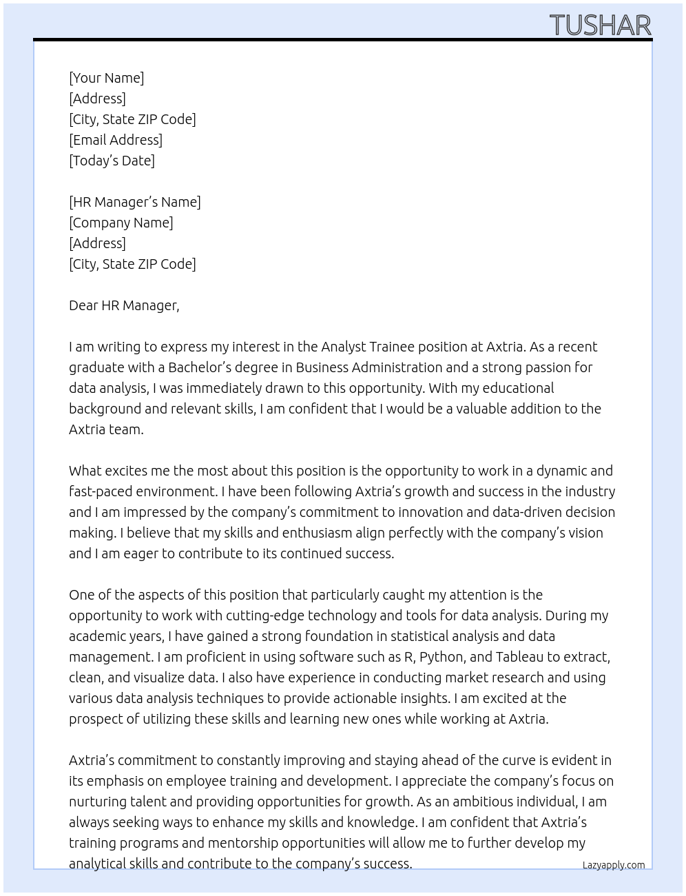 Analyst Trainee At Axtria Cover Letter