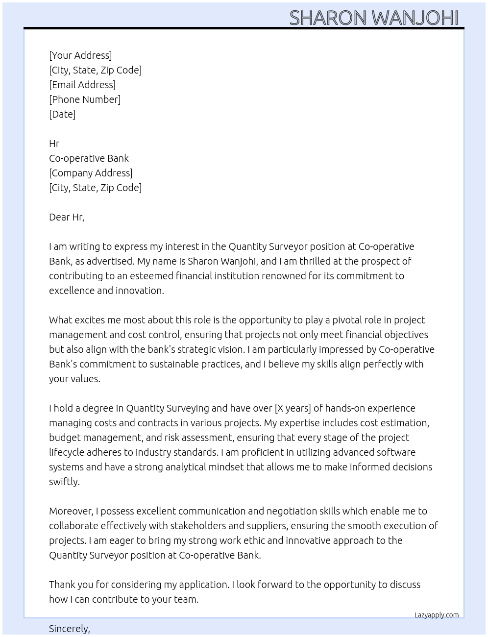 Quantity Surveyor At Co-operative Bank Cover Letter