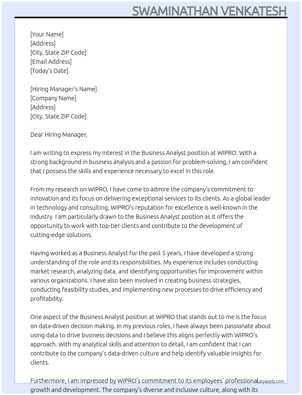 Business Analyst At WIPRO Cover Letter