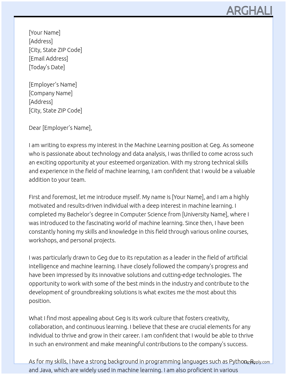 Machine learning At Geg Cover Letter