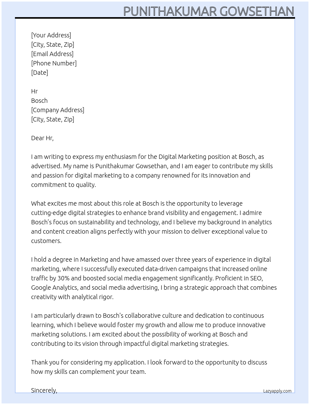 Digital marketing At Bosch Cover Letter