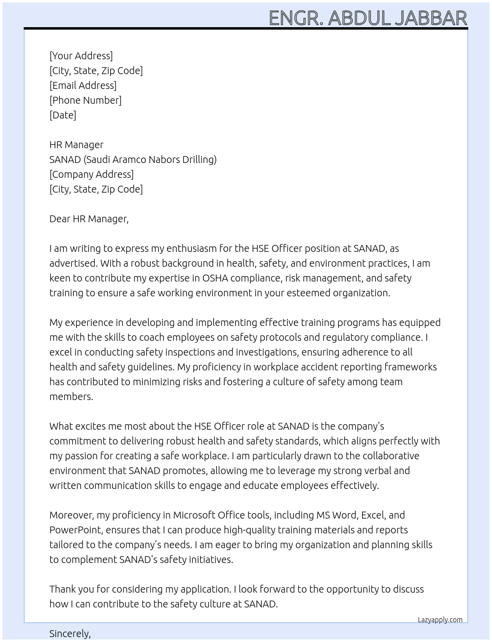 Cover letter for hse officer - LazyApply