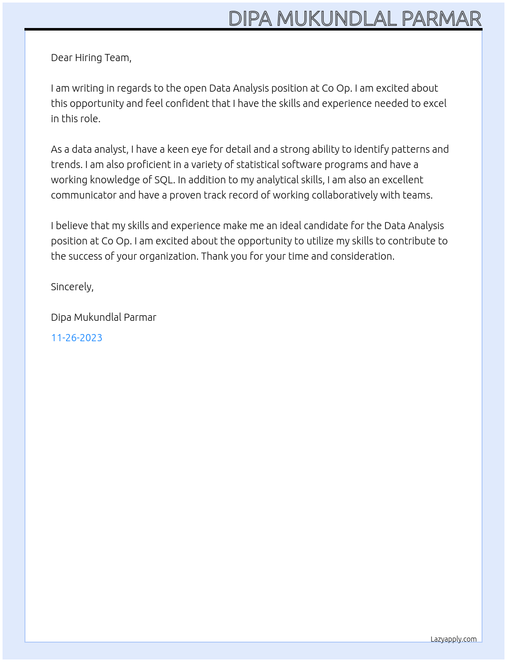 Data Analysis At Co Op Cover Letter