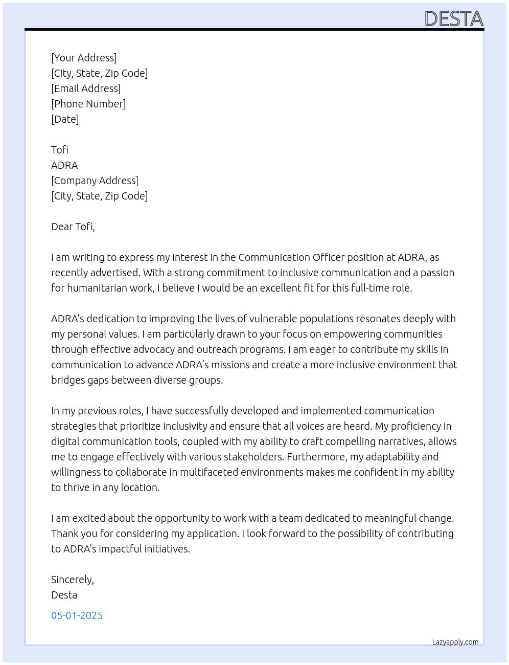 communication officer At ADRA Cover Letter