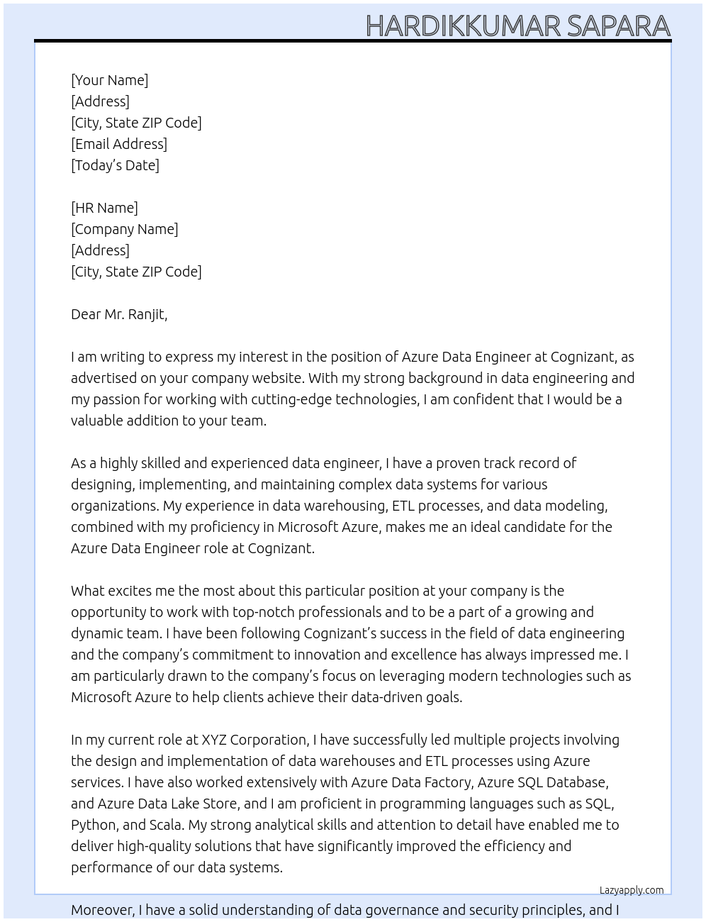 Azure Data Engineer At cognizant Cover Letter