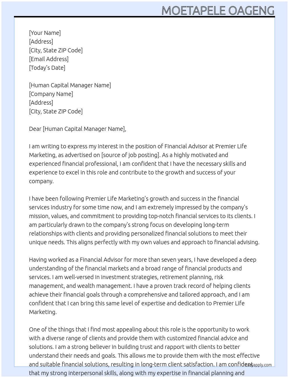 Financial Advisor At Premier Life Marketing Cover Letter