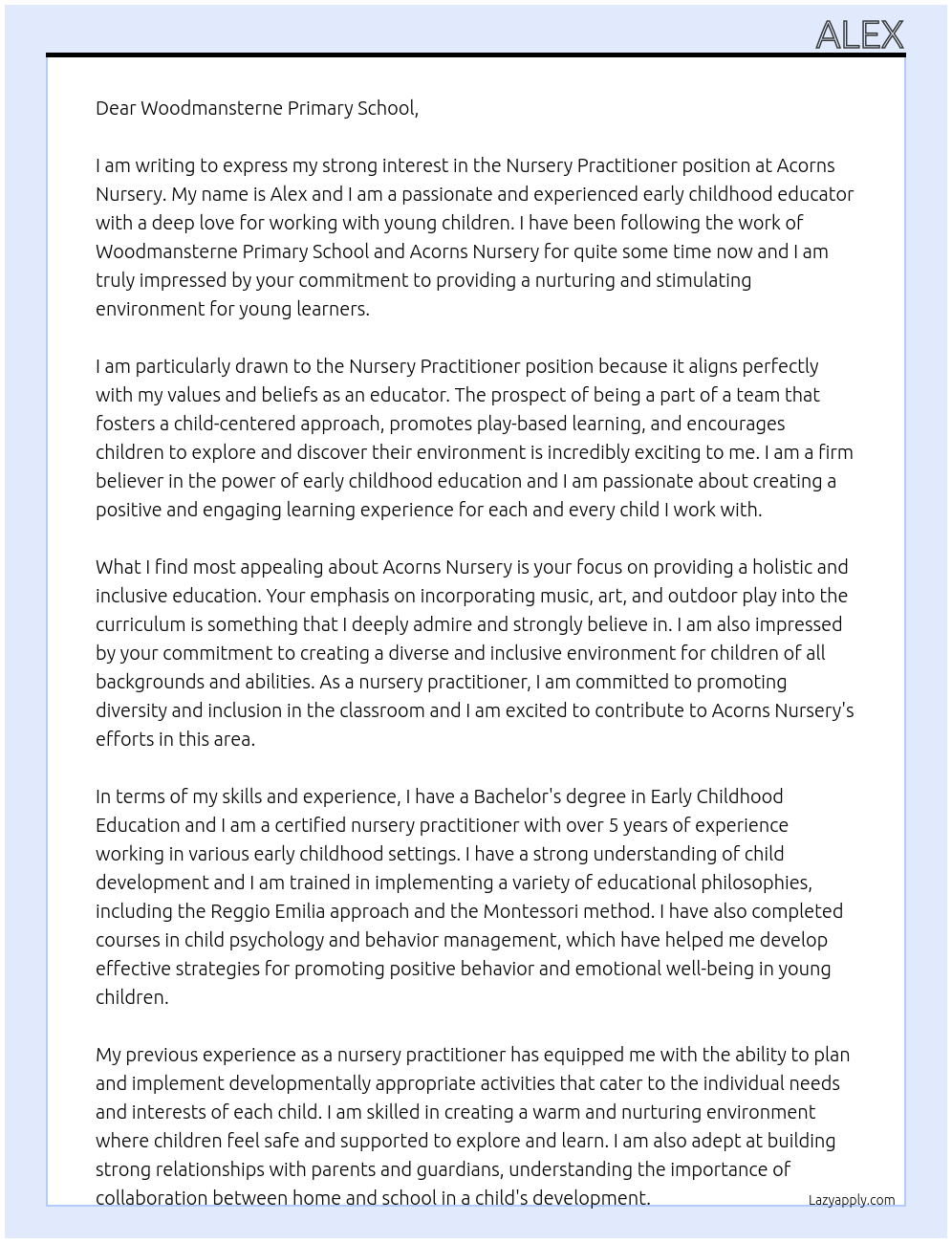 Nursery practitioner  At Acorns nursery Cover Letter