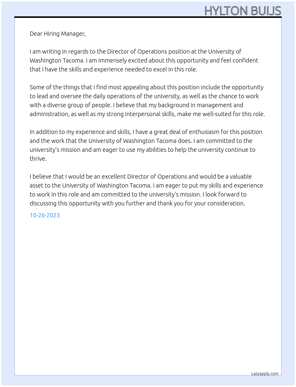 Director of Operations At University of Washington Tacoma Cover Letter