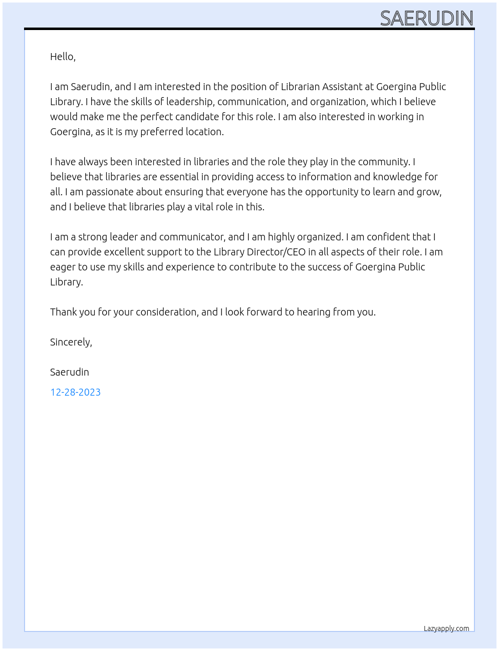 Librarian Assistant At Goergina Public Library Cover Letter