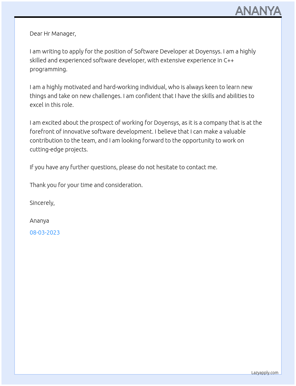 Software Devloper At Doyensys Cover Letter