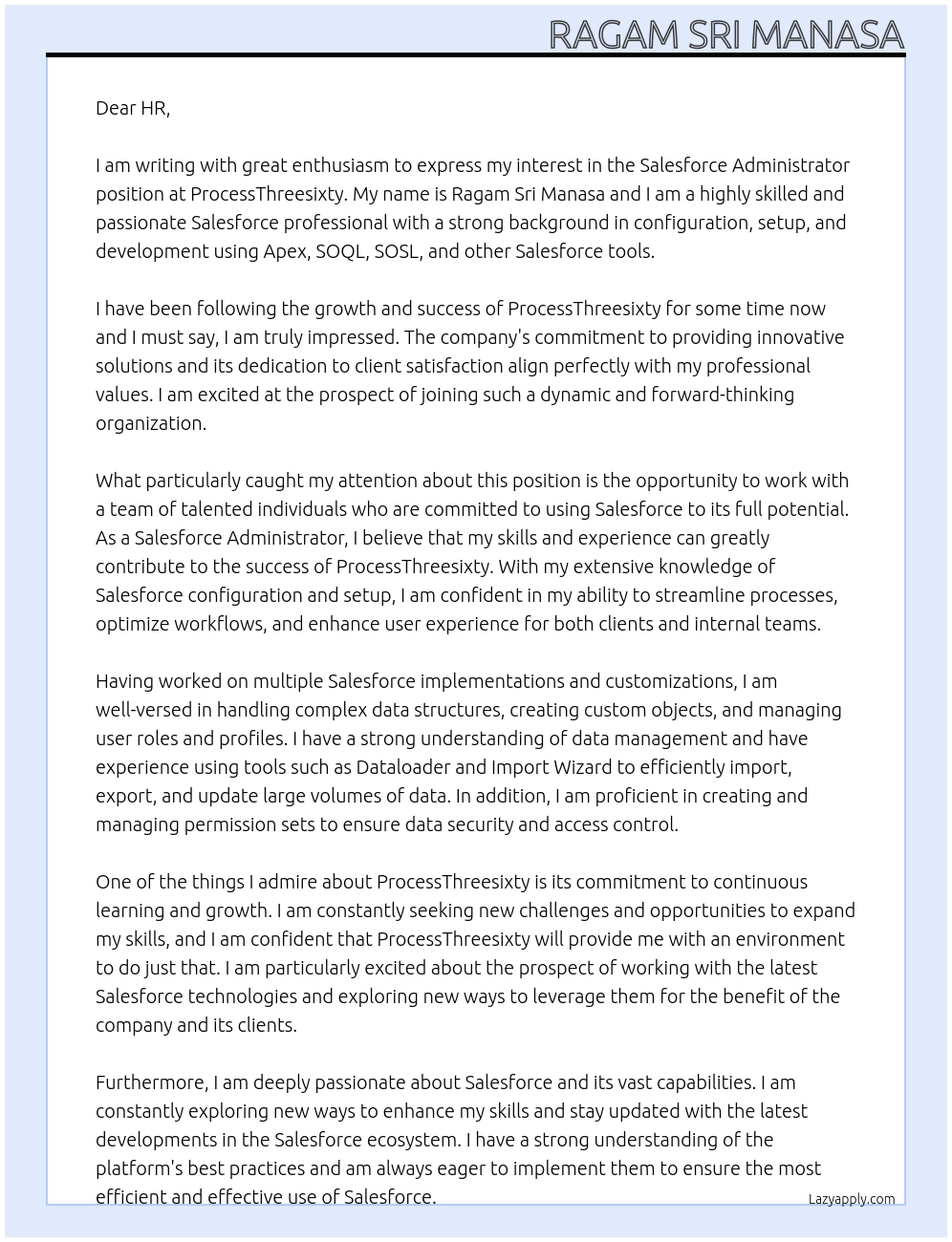 Salesforce Administrator At ProcessThreesixty Cover Letter