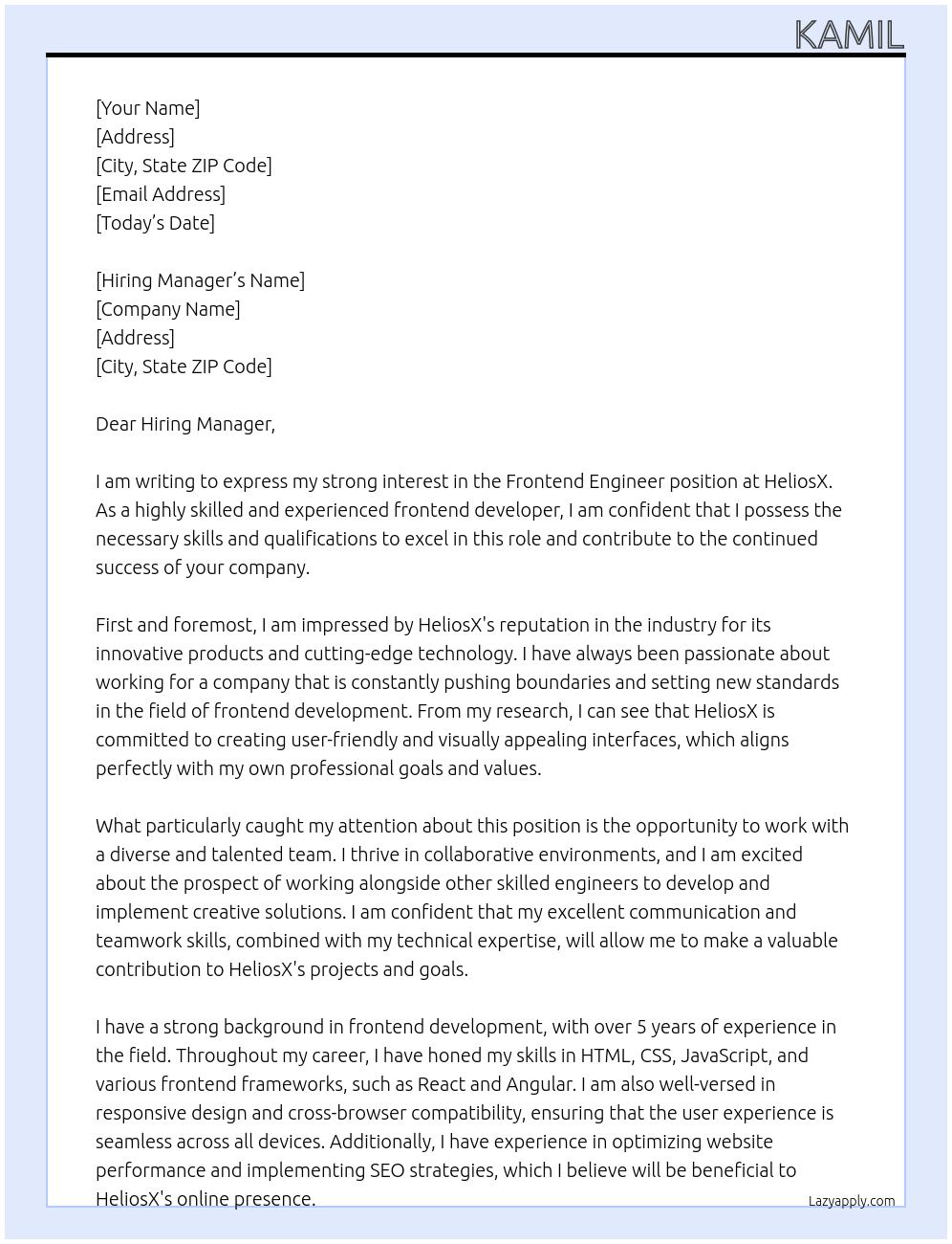 frontend engineer At HeliosX Cover Letter