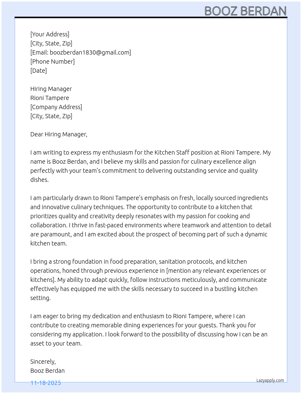 Cover letter for kitchen staff - LazyApply