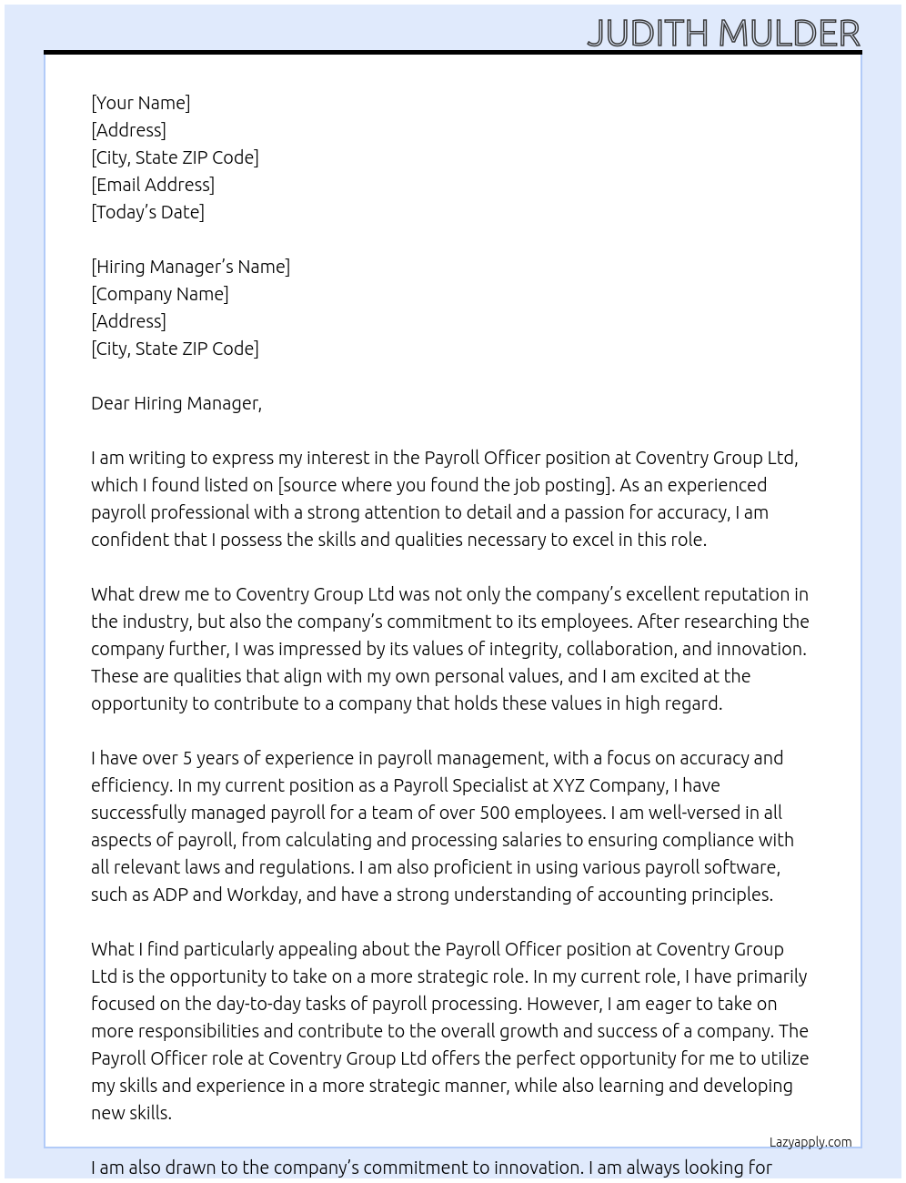 Payroll Officer At Coventry Group Ltd Cover Letter