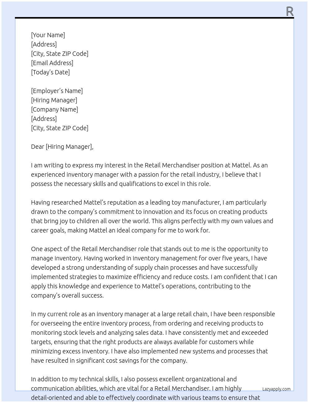 retail merchandiser At mattel Cover Letter