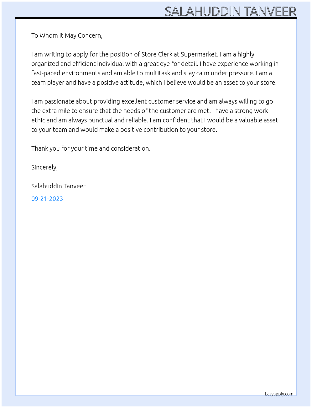 Store Clerk At SUPERMARKET Cover Letter