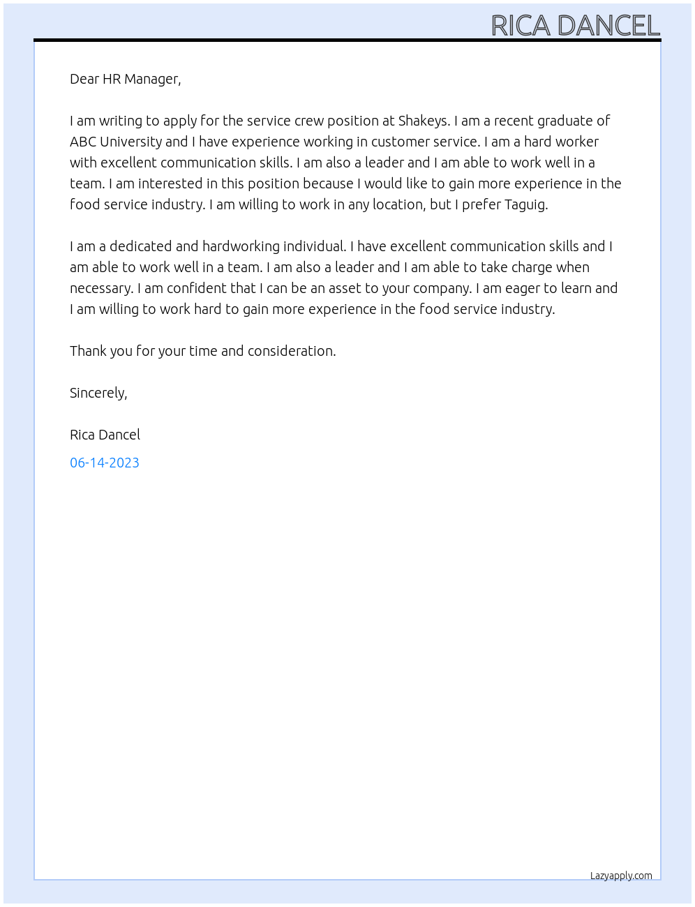 Service crew At Shakeys Cover Letter