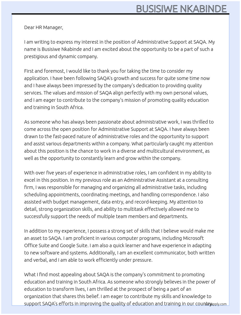 Administrative support At SAQA Cover Letter