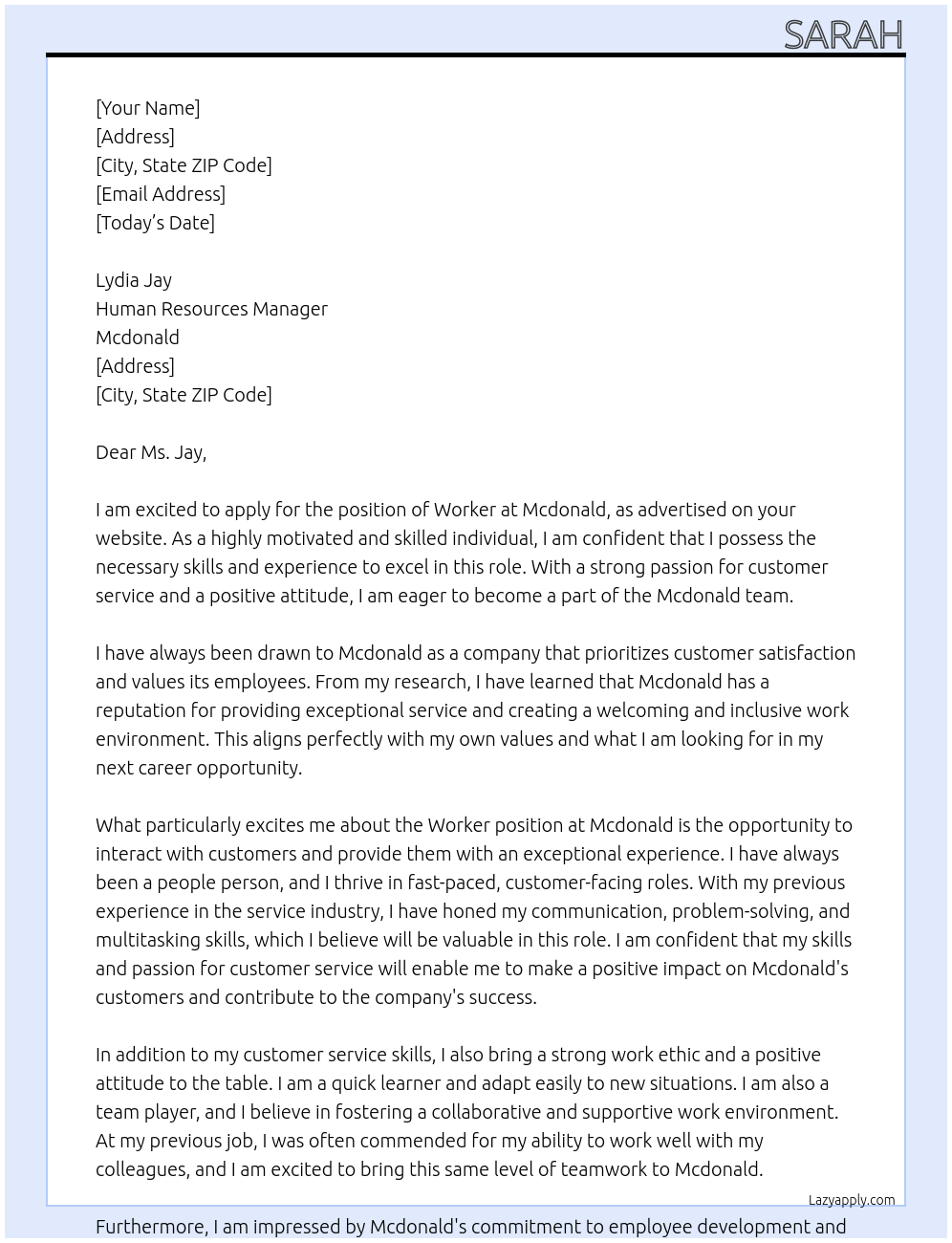Worker At Mcdonald Cover Letter