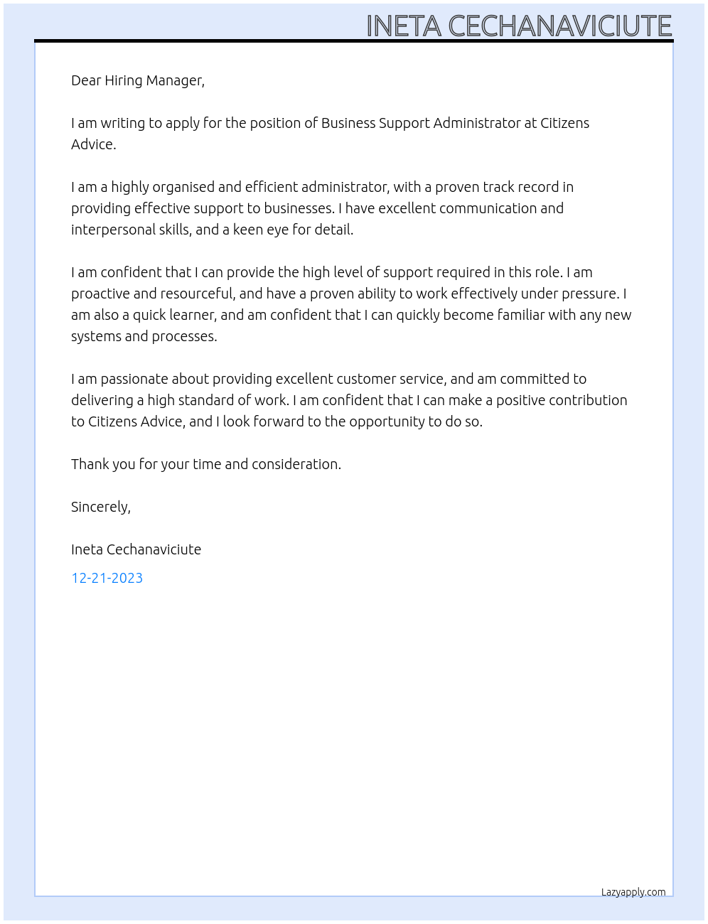 Business Support Administrator At Citizens Advice Cover Letter