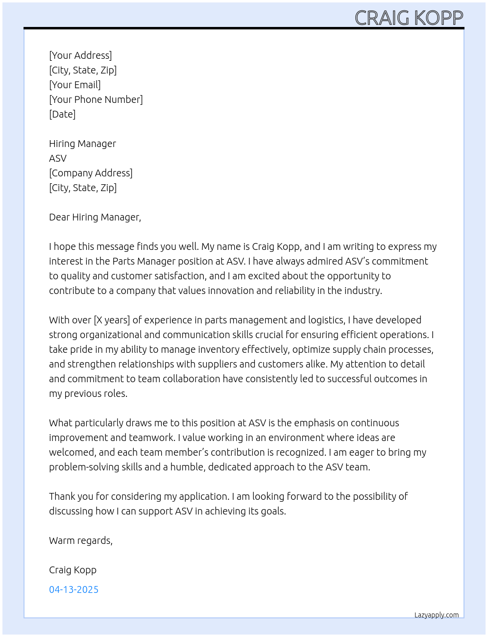 Parts Manager At ASV Cover Letter