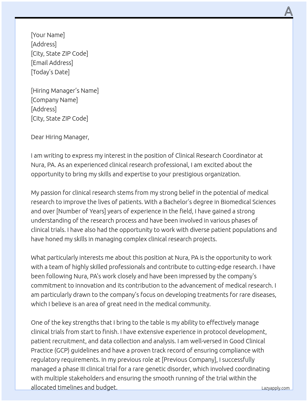 Clinical research Coordinator At Nura, PA Cover Letter