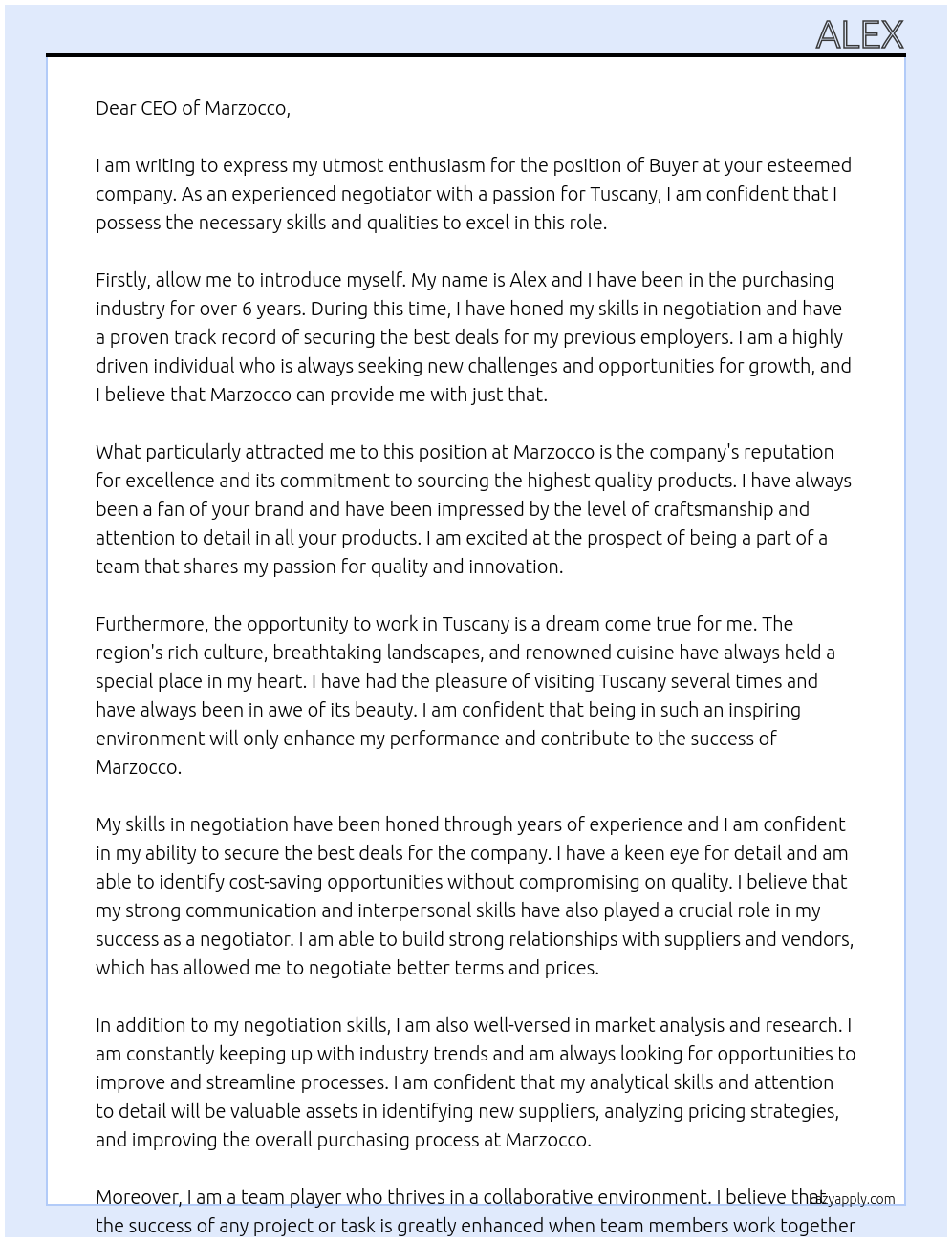 Buyer At Marzocco Cover Letter