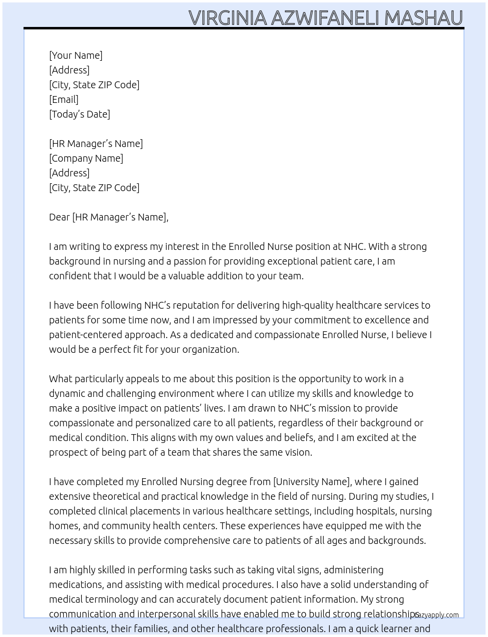 Enrolled Nurse At NHC Cover Letter