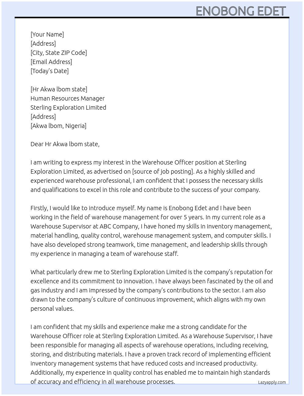 Warehouse Officer At Sterling Exploration limited Cover Letter