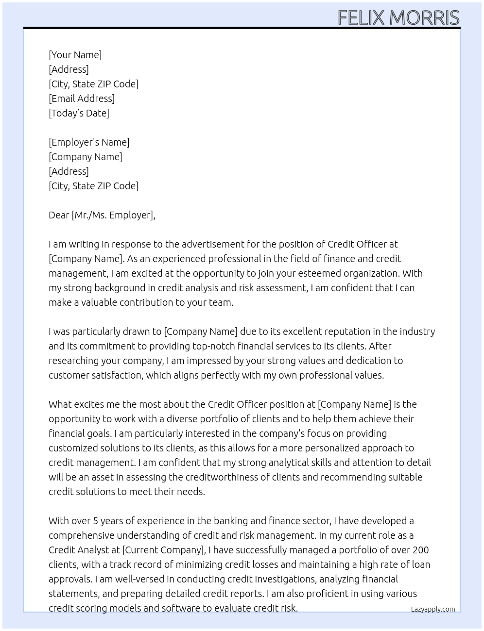credit officer At company Cover Letter