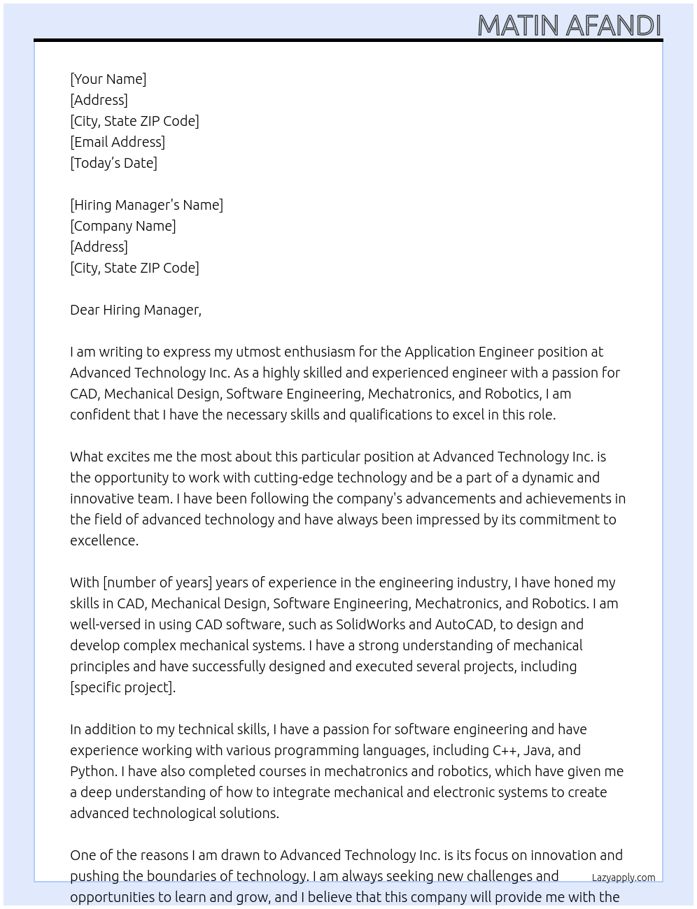 Application Engineer At Advanced technology Inc Cover Letter
