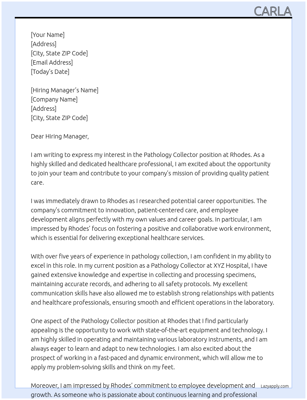 Pathology collector  At Rhodes Cover Letter