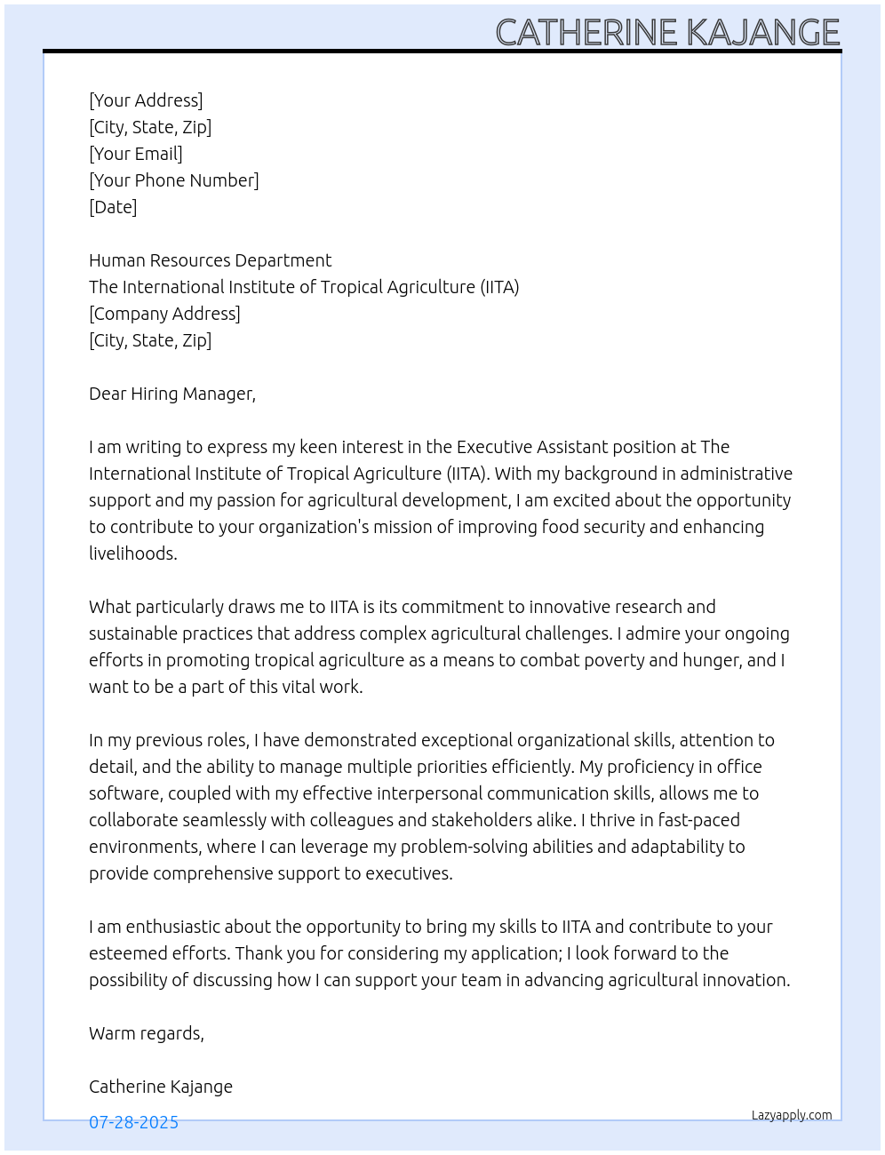 Executive Assistant At The International Institute of Tropical Agriculture (IITA) Cover Letter