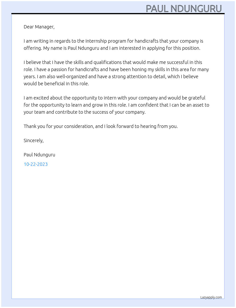 Internship program for handicrafts At Macquarie group Cover Letter