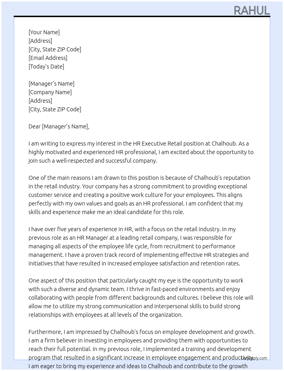 HR executive retail At Chalhoub Cover Letter