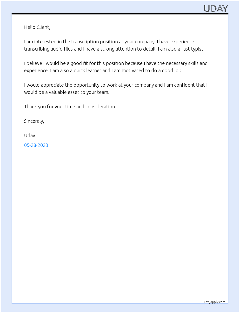 Transcription At Client Cover Letter