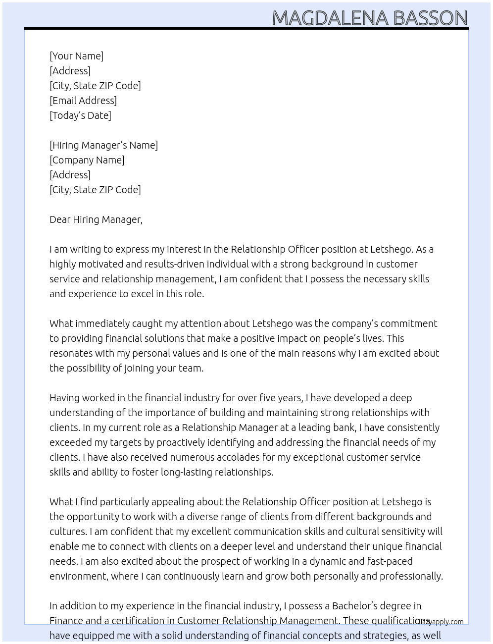 Relationship Officer At Letshego Cover Letter