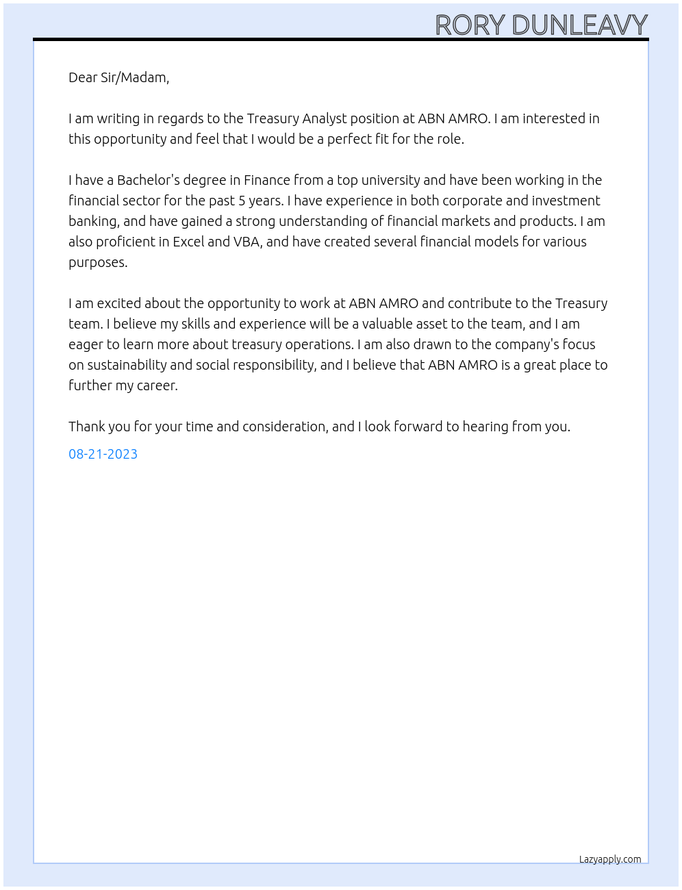 Treasury Analyst At ABN AMRO Cover Letter