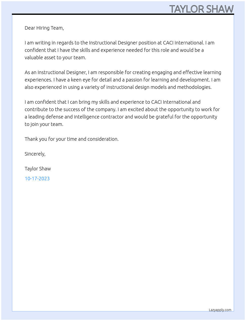 Instructional Designer At CACI International Cover Letter