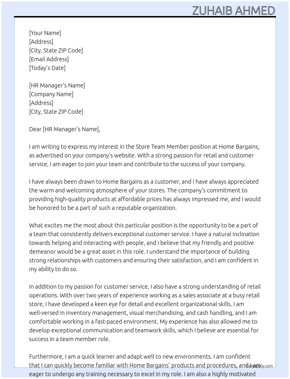 store team member  At Home bargains Cover Letter