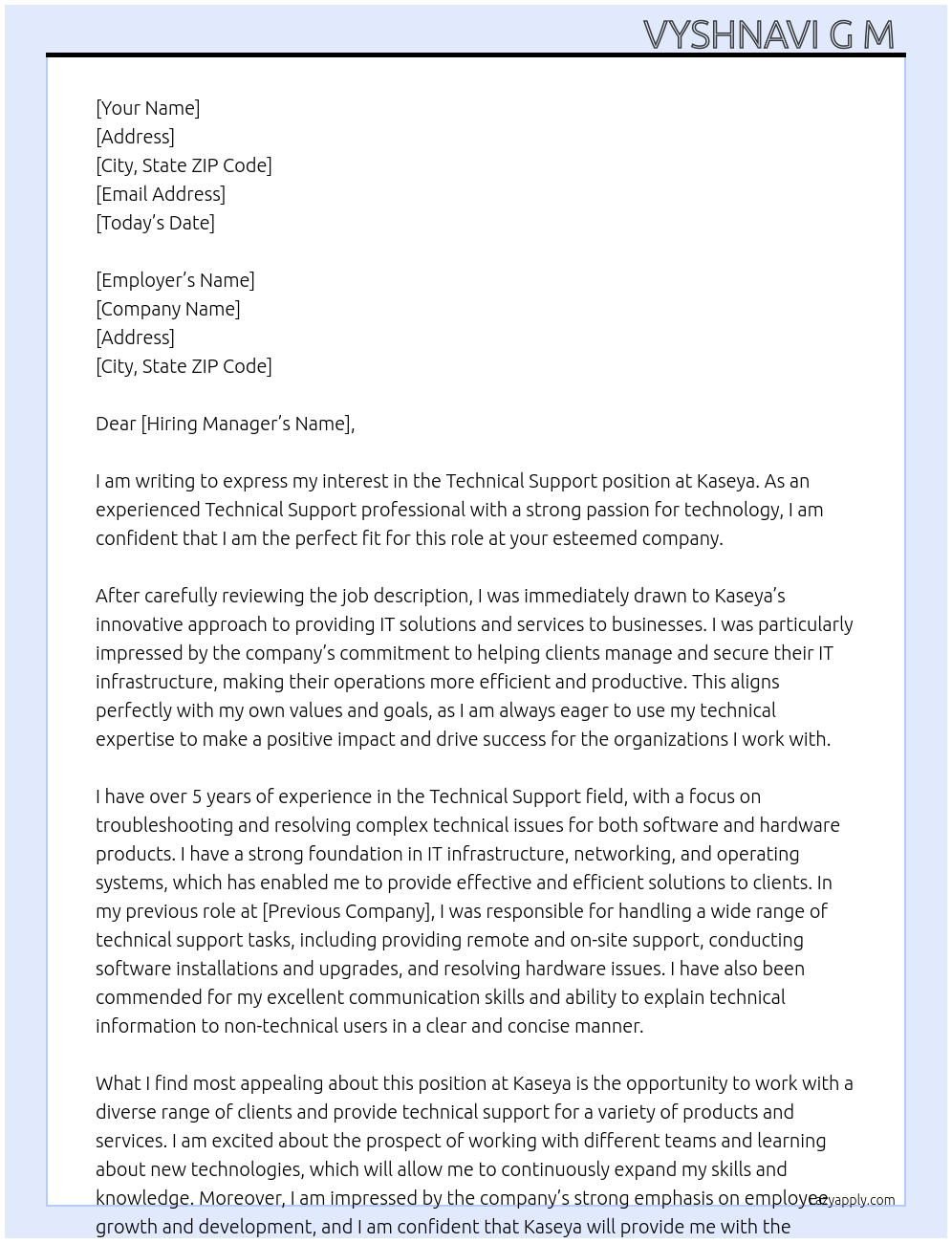 Technical support At Kaseya Cover Letter