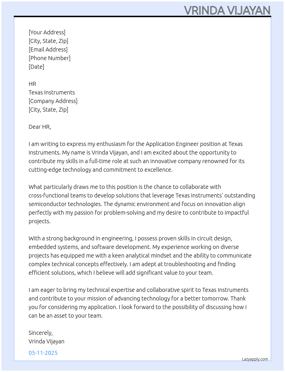 Application engineer At Texas Instruments Cover Letter