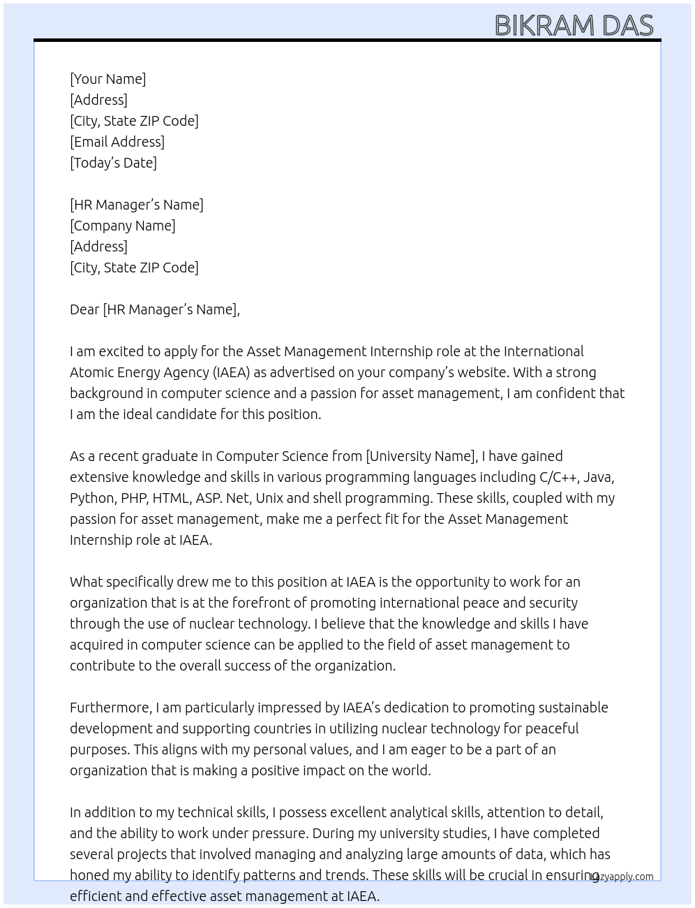 Asset management At International atomic energy agency Cover Letter