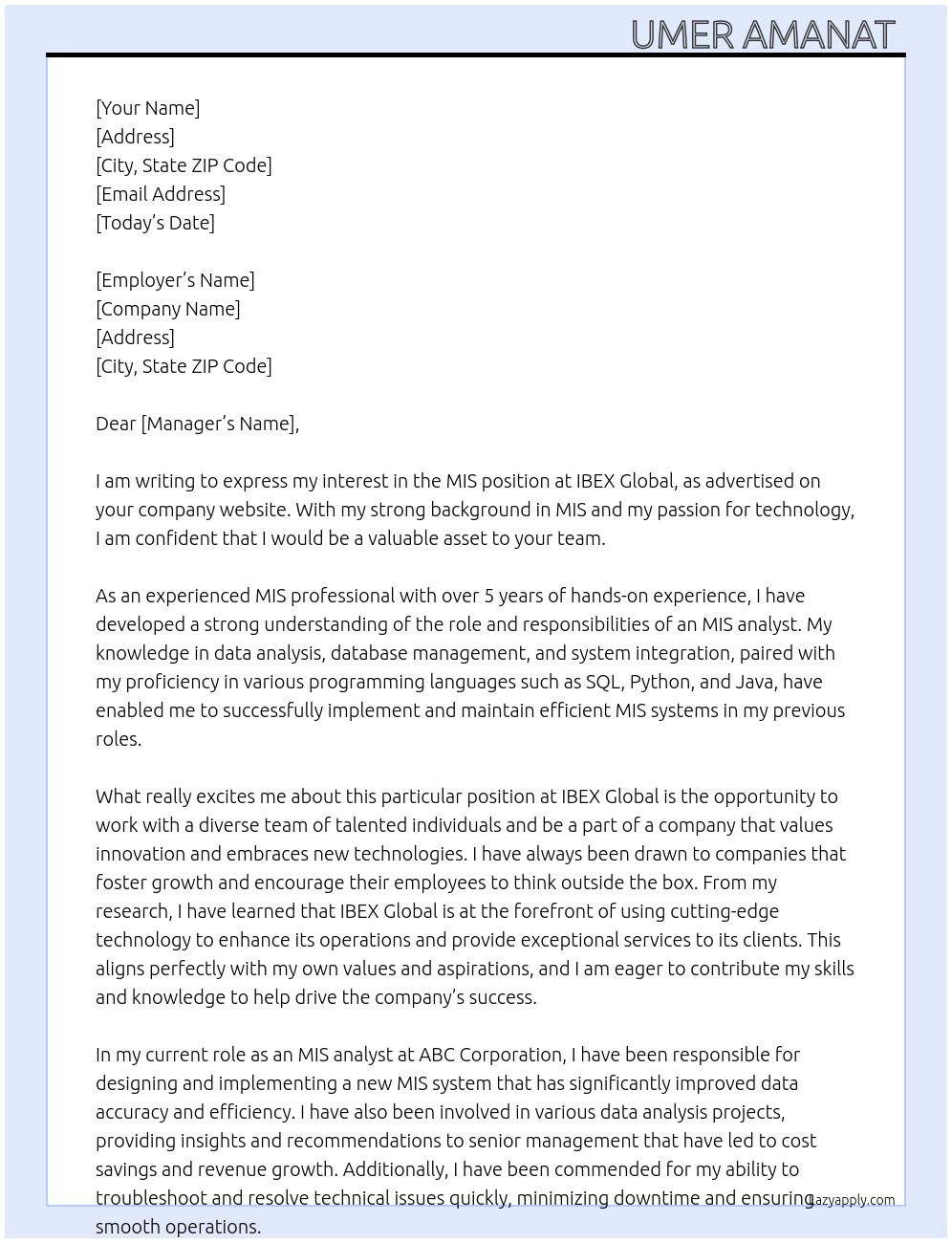 Mis At IBEX global  Cover Letter