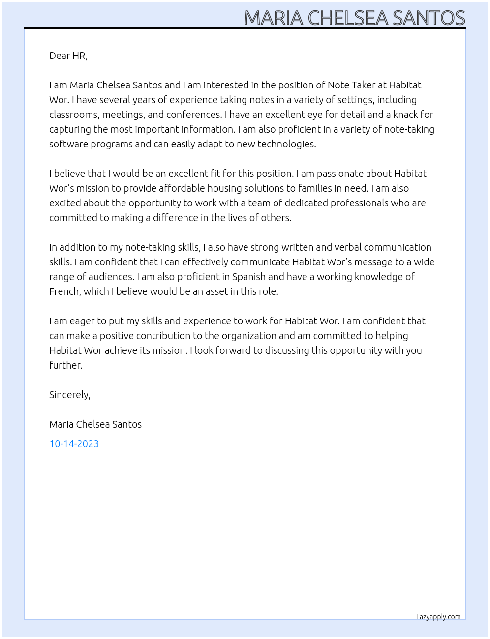 Note taker At Habitat Wor Cover Letter