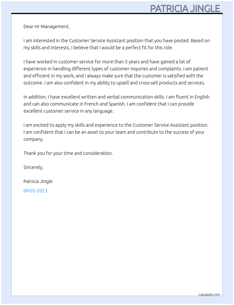 Customer Service Assistant  At Customer service assistant  Cover Letter