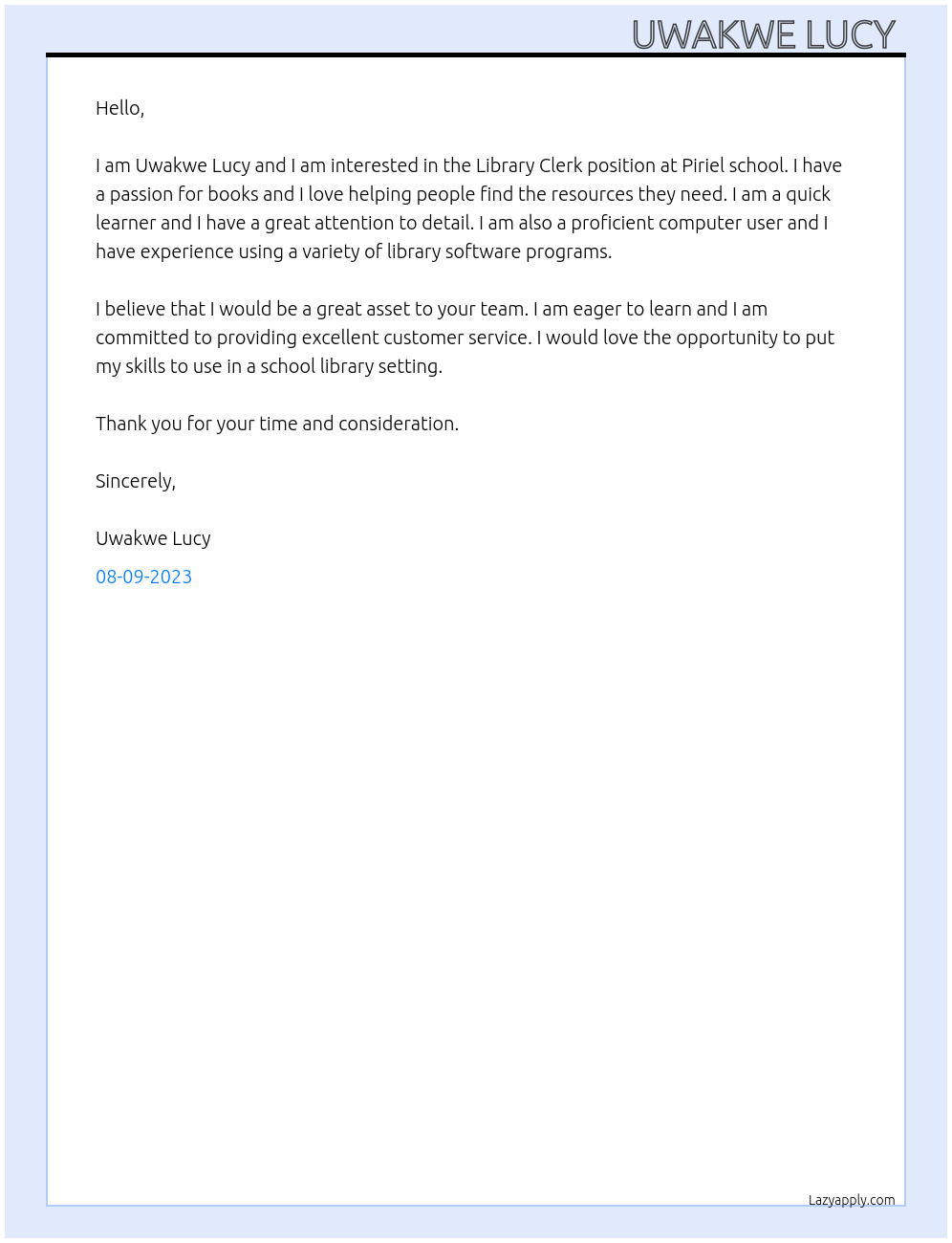 Library clerk At Piriel school Cover Letter