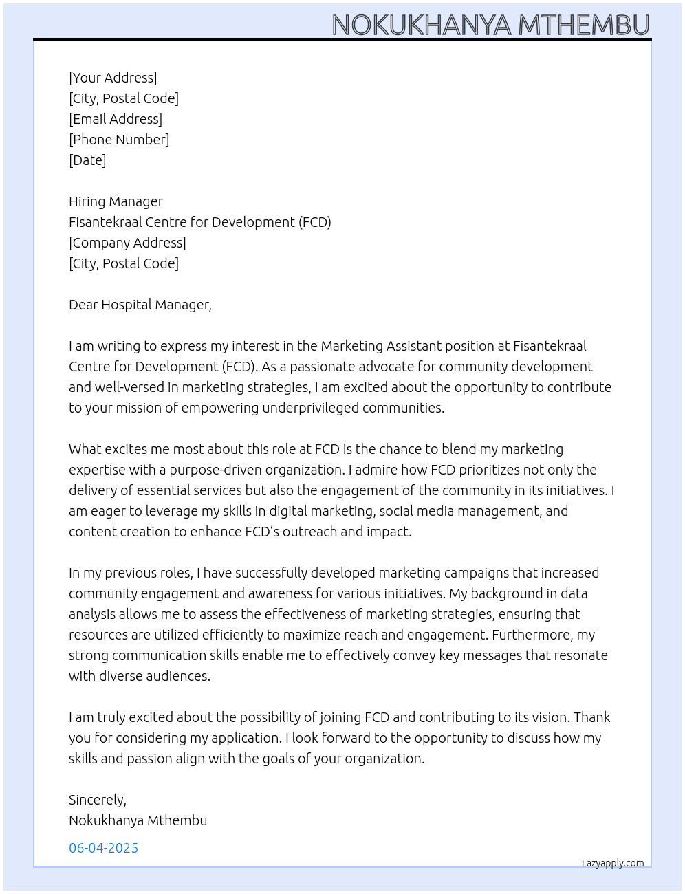 Marketing Assistant At Fisantekraal Centre for Development (FCD) Cover Letter