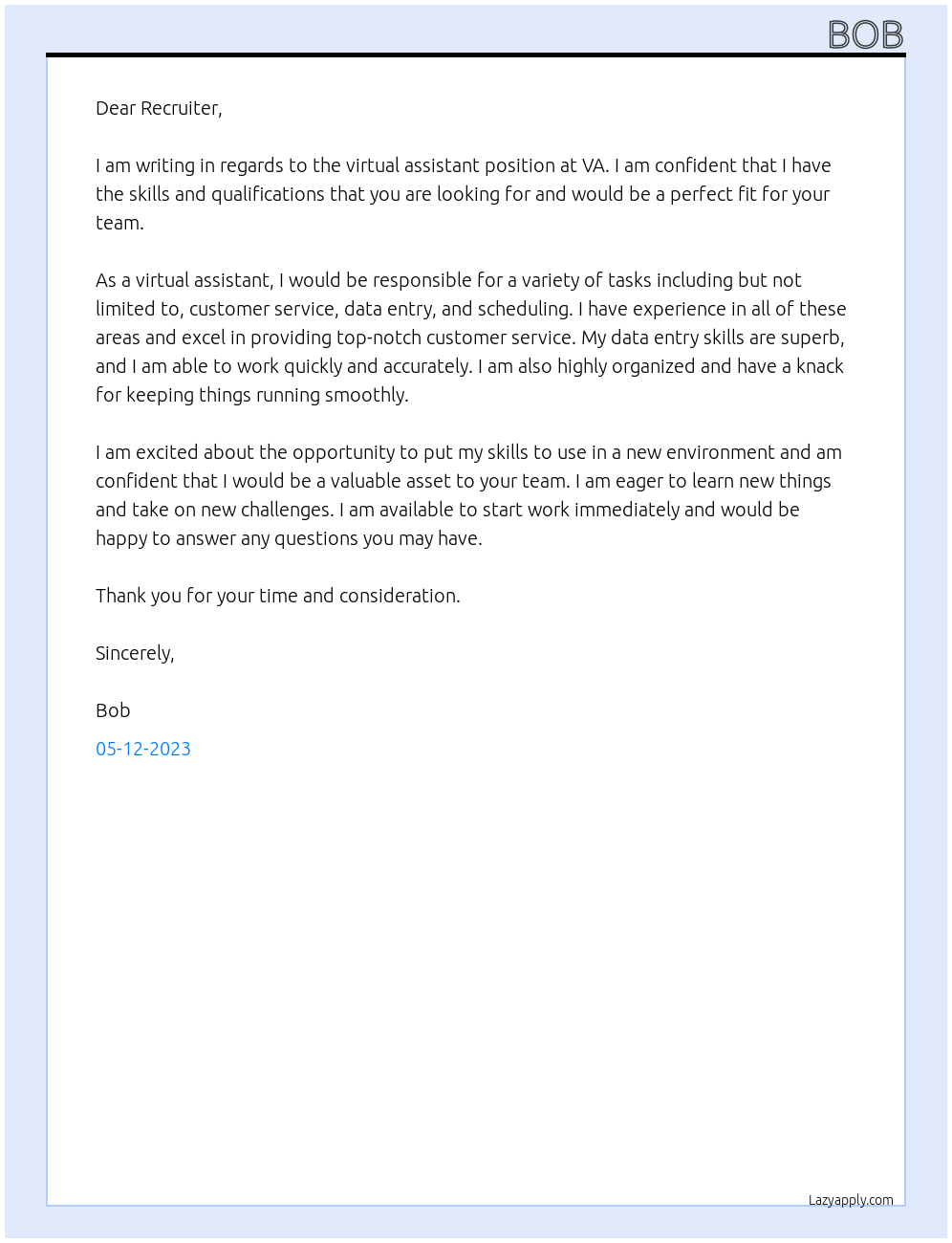 Virtual Assistance At VA Cover Letter