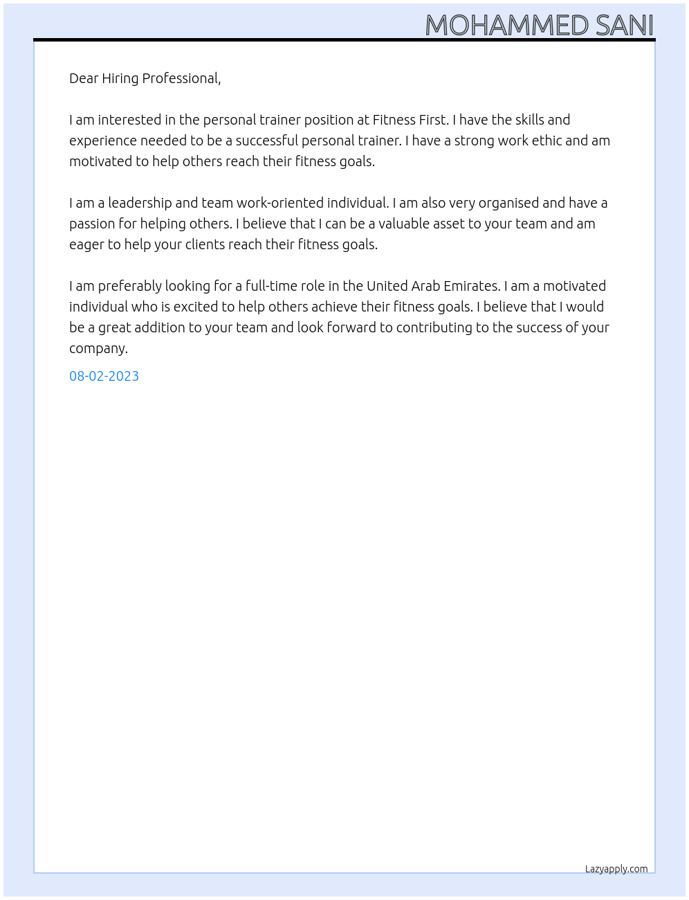 Personal trainer At Fitness first Cover Letter